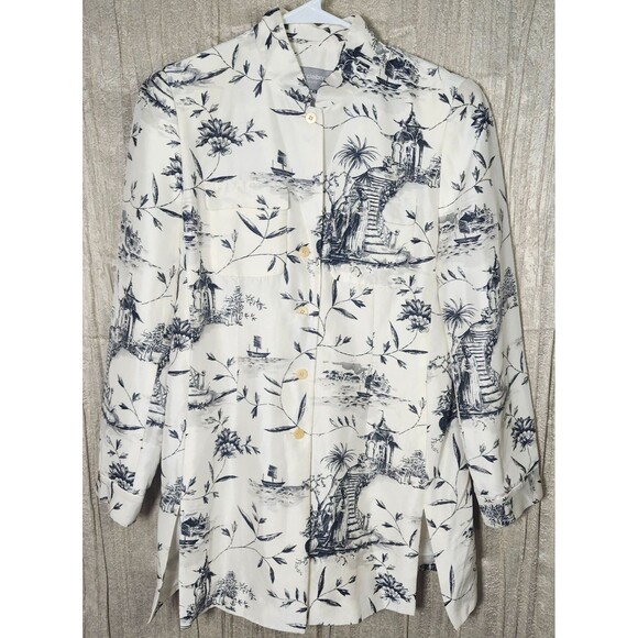 Liz Claiborne Jackets & Blazers - Vintage Liz Claiborne 100% Silk Chinoiserie Blazer Stand Collar Floral White -10